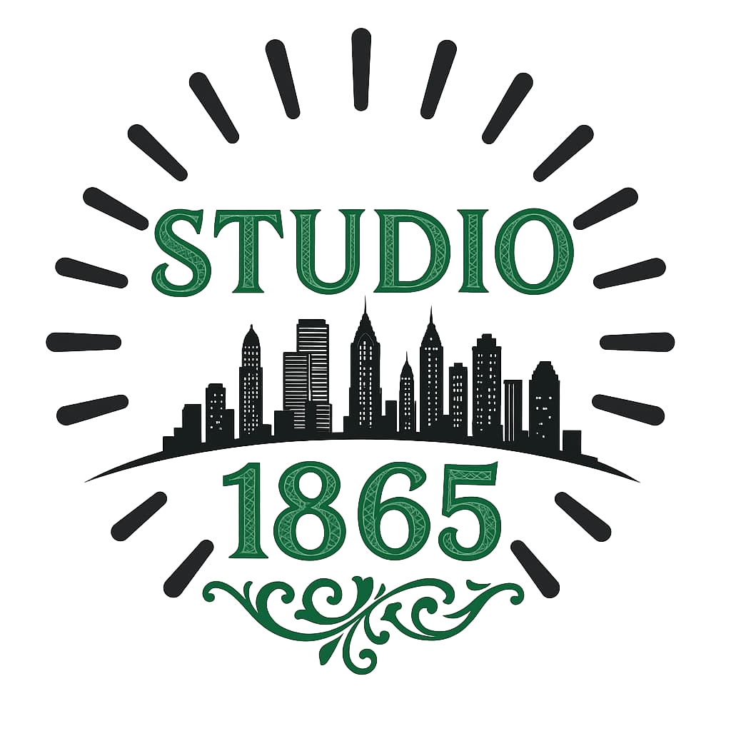 Studio 1865 logo with green text and skyline silhouette.