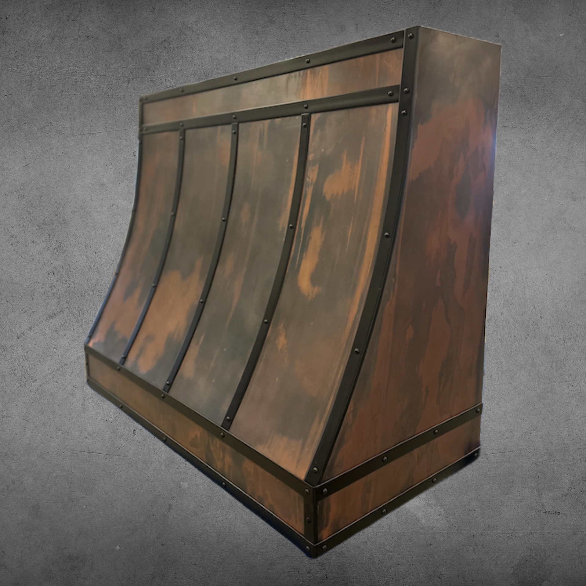 A wooden box with a metal frame is sitting on a gray surface.