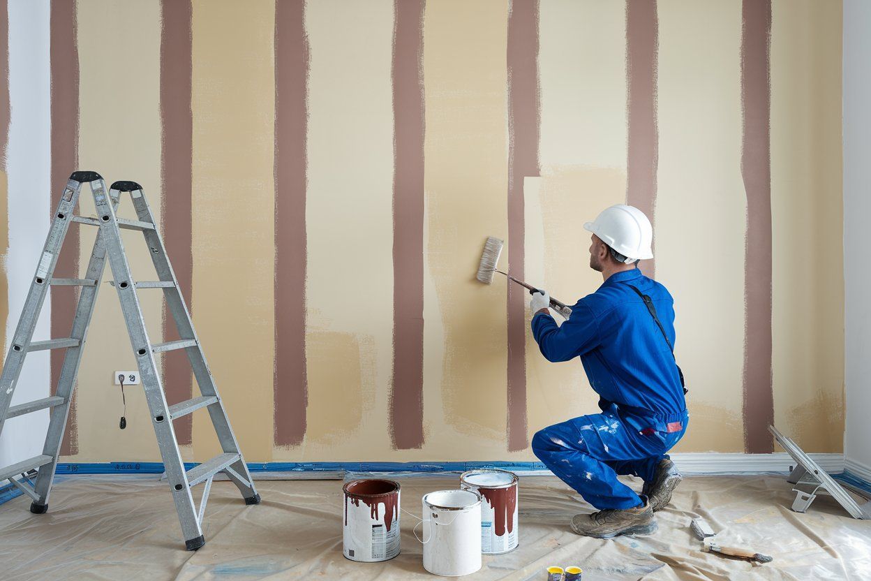 A man is kneeling down and painting a wall with a roller.