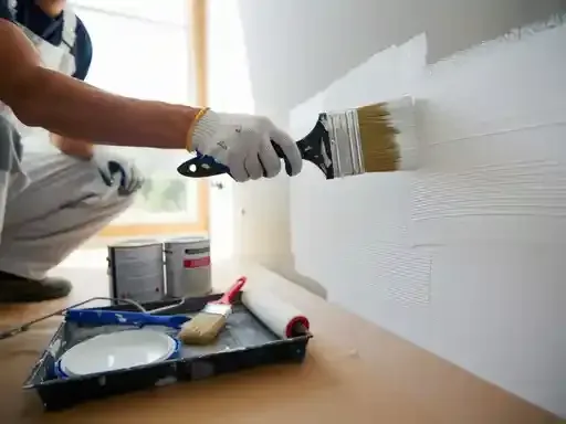 Person in overalls painting a white wall with a brush. Paint cans and tray are nearby.