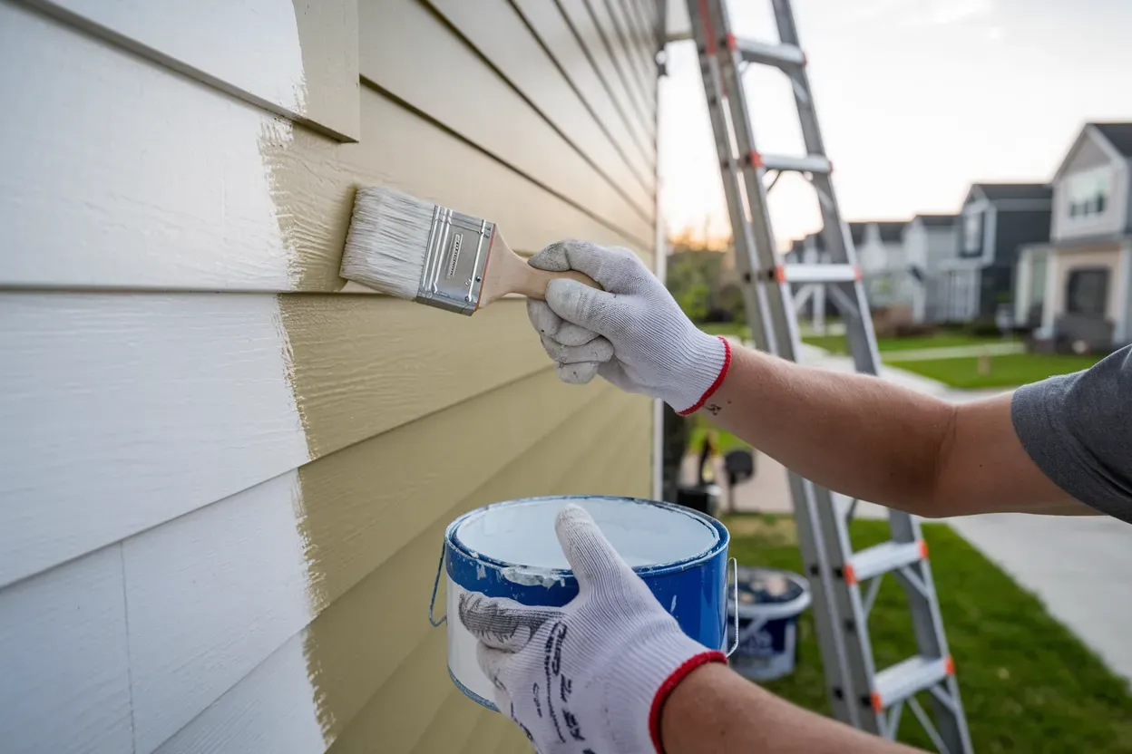A person is painting the side of a house with a brush.