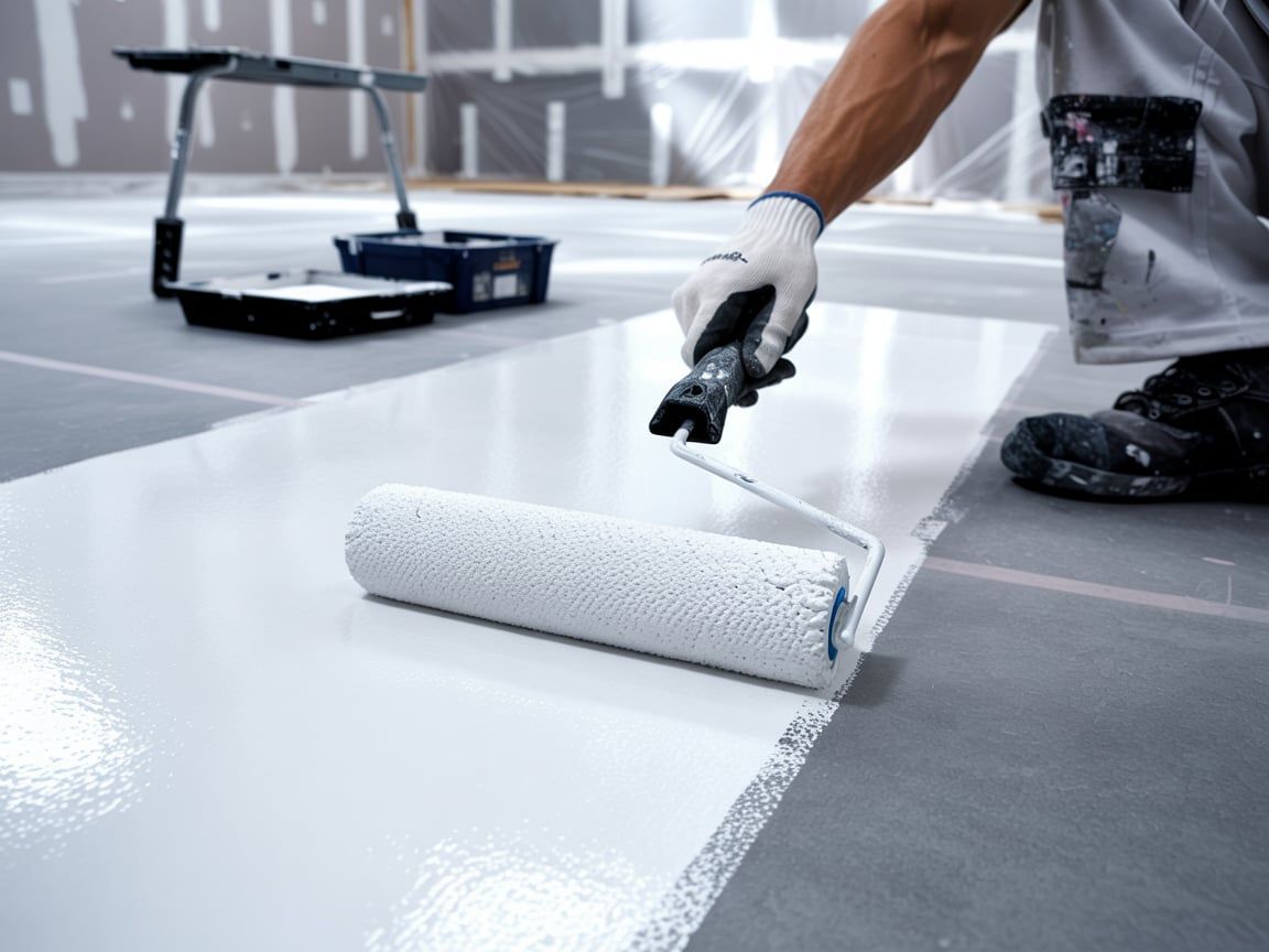 Person using a paint roller to apply white paint to a floor in a construction setting.