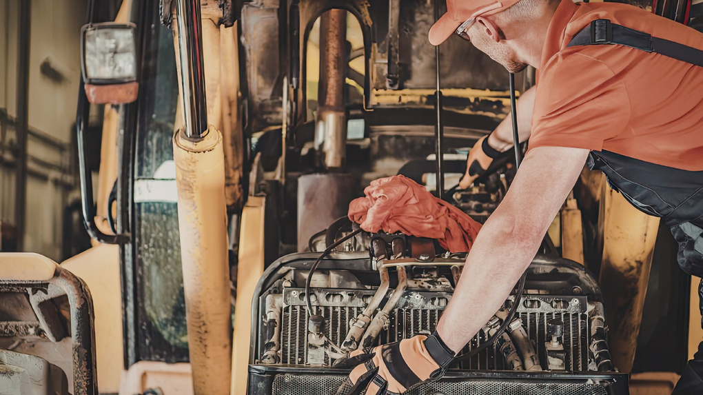 Worker in an orange shirt inspecting machinery in an industrial workshop