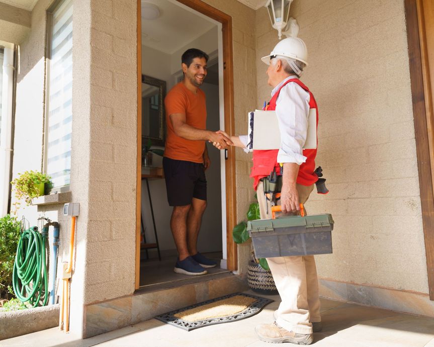 Man shakes hands with a worker at his doorway
