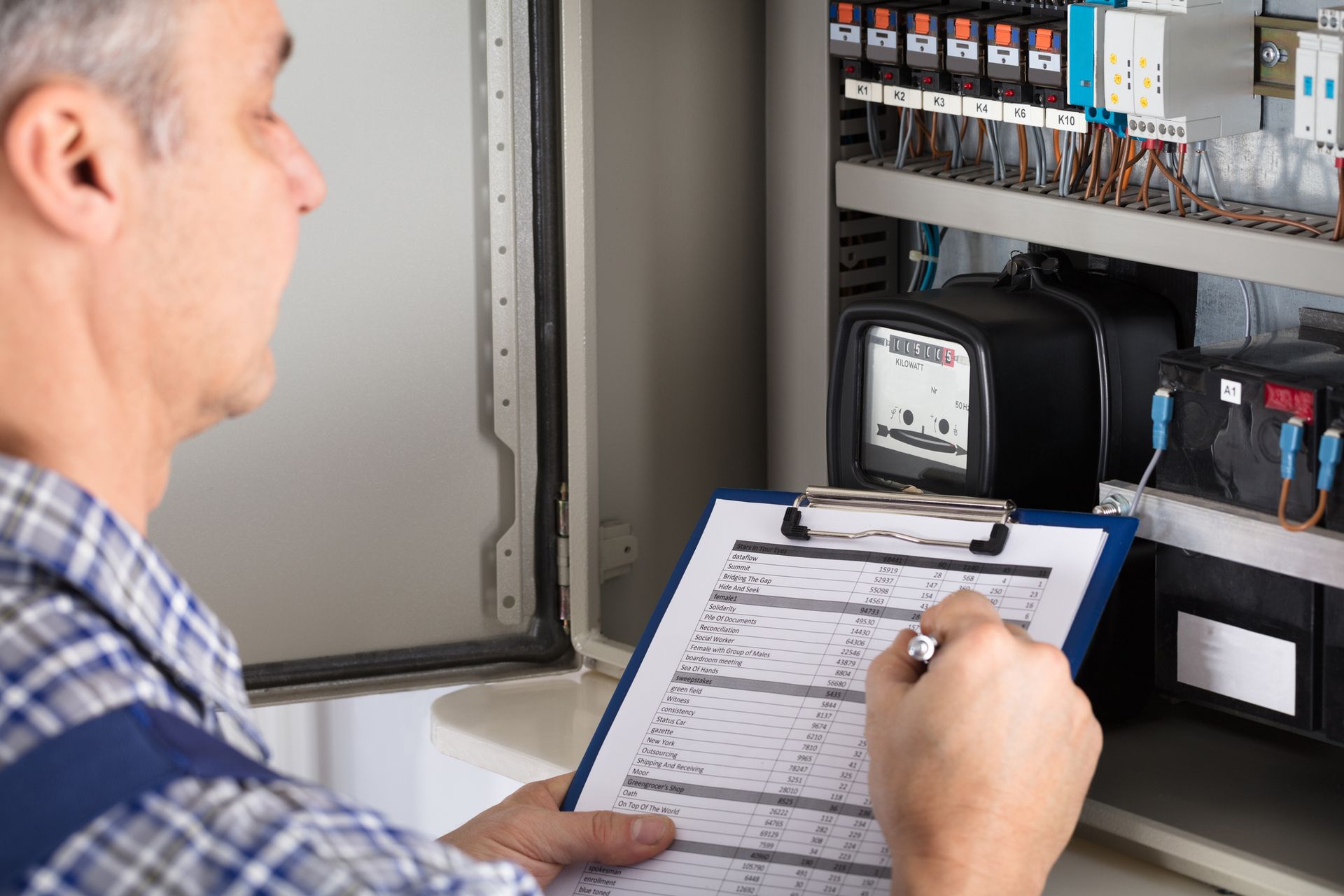 An electrician is examining an electrical panel, using a clipboard to take notes