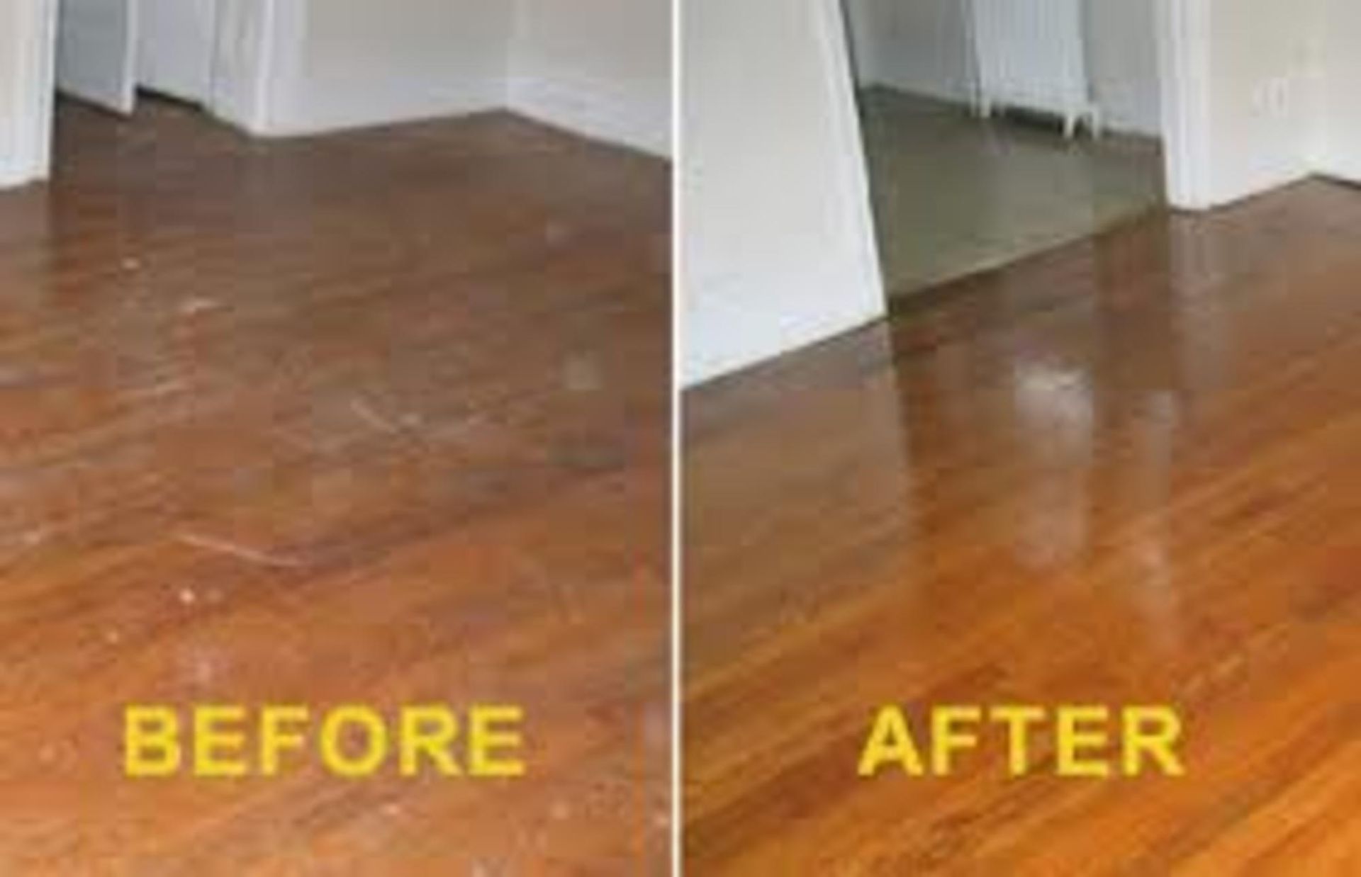 A before and after picture of a wooden floor.