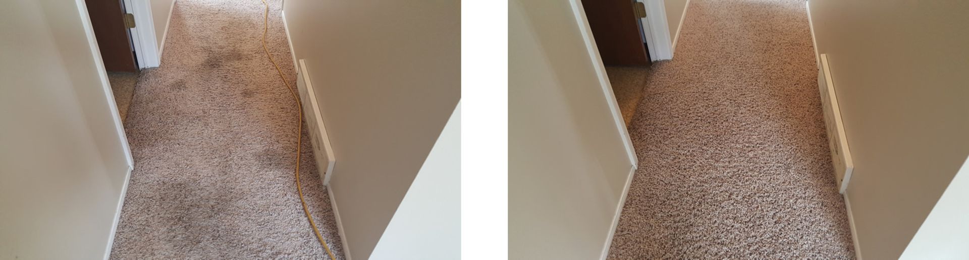 A before and after picture of a carpeted hallway.