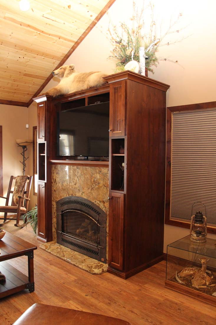 A living room with a fireplace and a flat screen tv