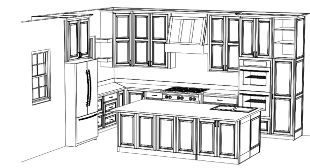 A black and white drawing of a kitchen with a large island in the middle.