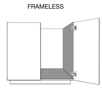 A black and white drawing of a frameless cabinet with its doors open.