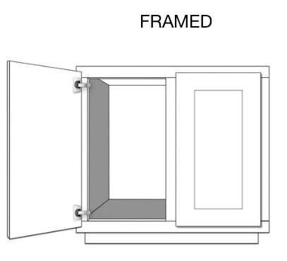 A black and white drawing of a framed cabinet with its doors open.