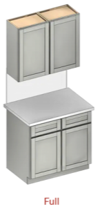 A picture of a full kitchen cabinet with a stainless steel counter top