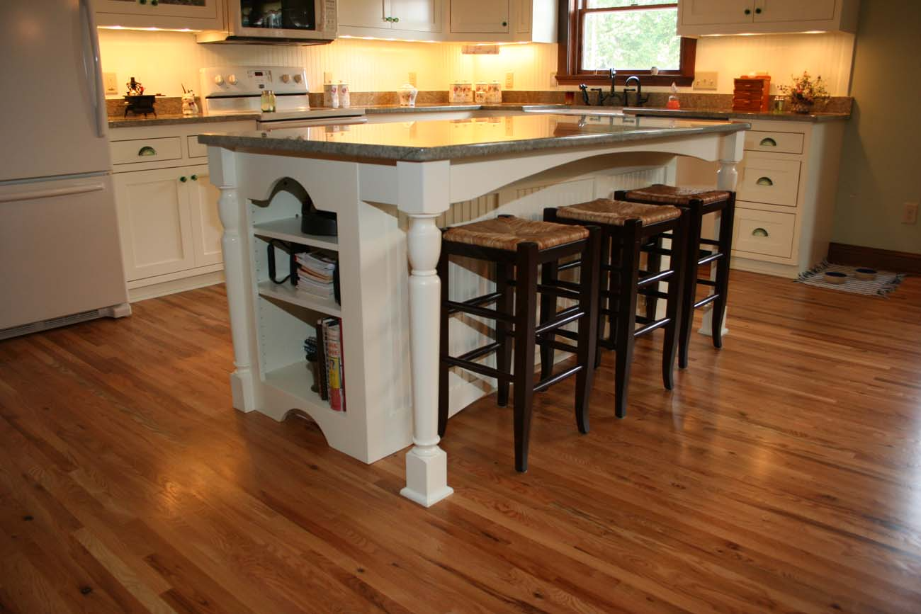 A kitchen with a large island and stools