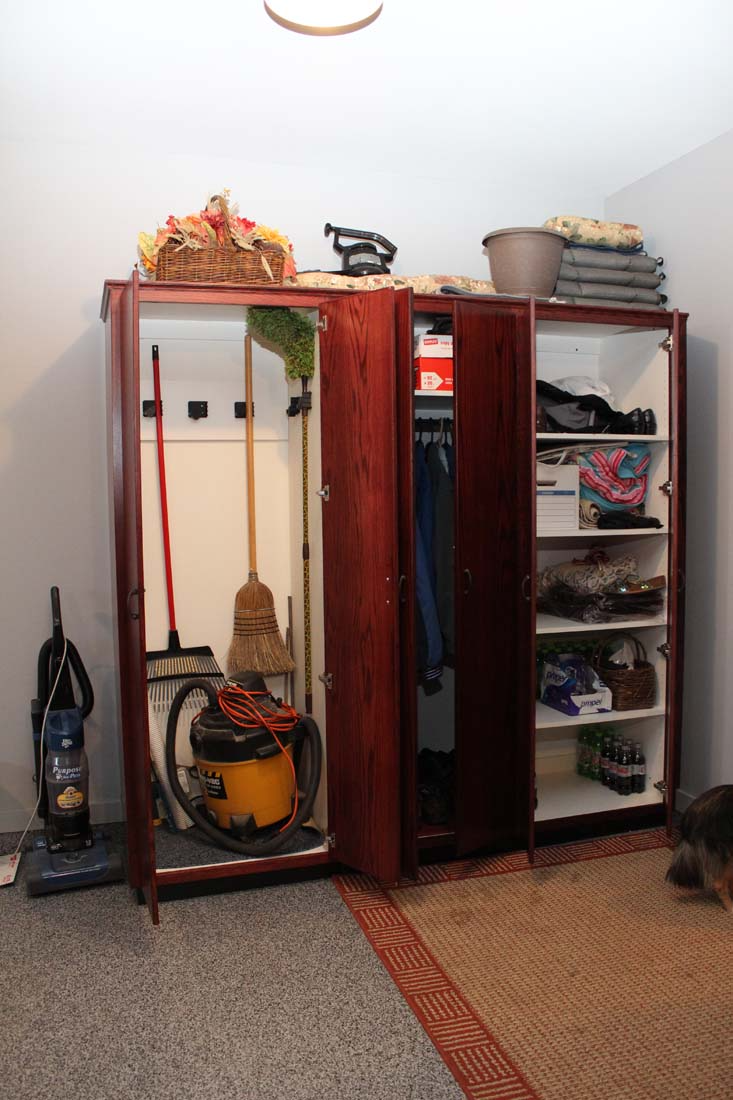 A closet filled with cleaning supplies and a vacuum cleaner.