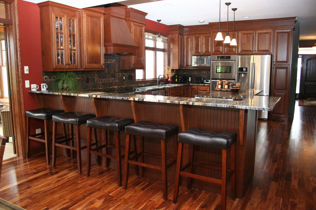A kitchen with a large island and stools