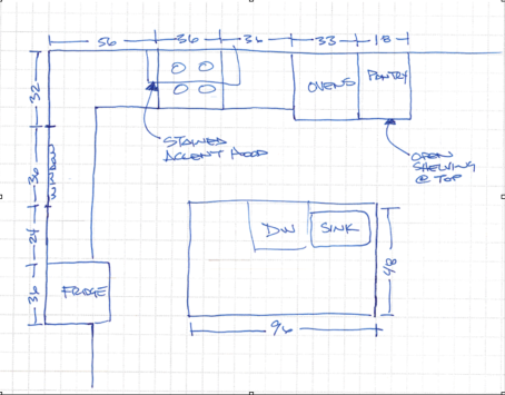 A drawing of a kitchen with measurements on it