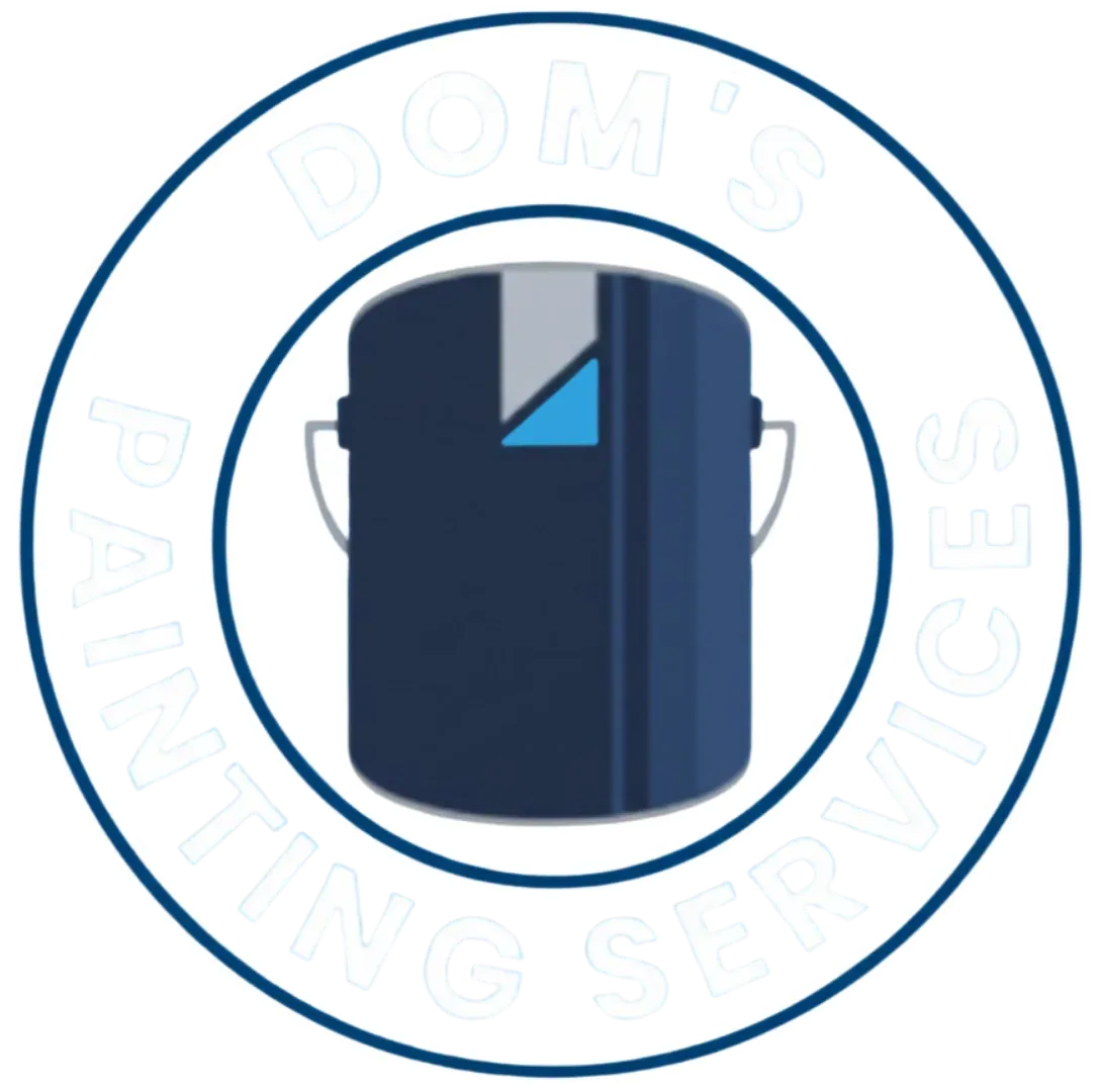 Blue backpack-style logo inside a white circle with faint “DOM’S PAINTING SERVICES” text around it