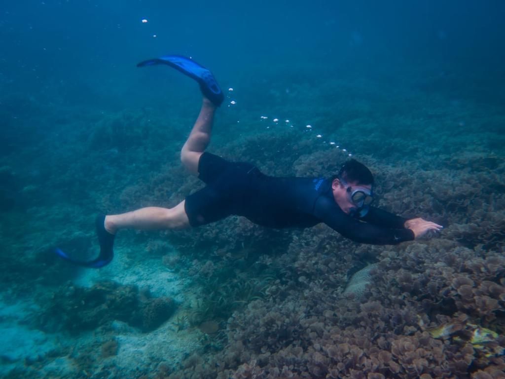 A man is swimming in the ocean near a coral reef.