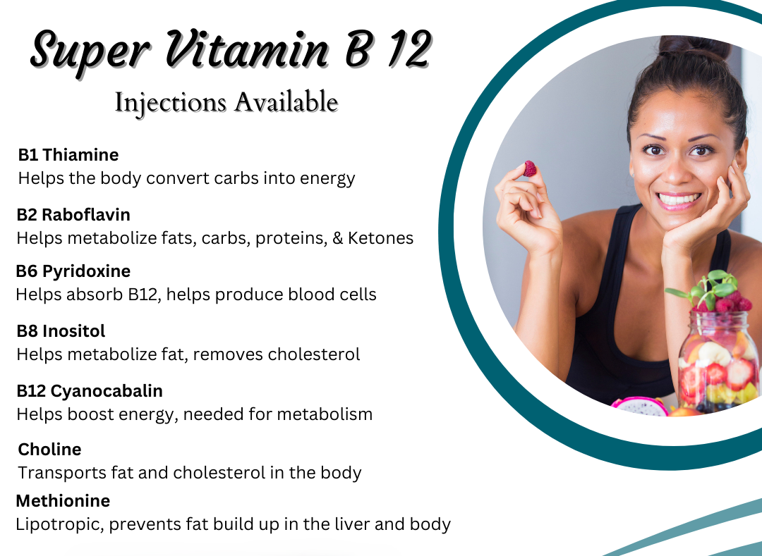 an advertisement for super vitamin b12 injections available