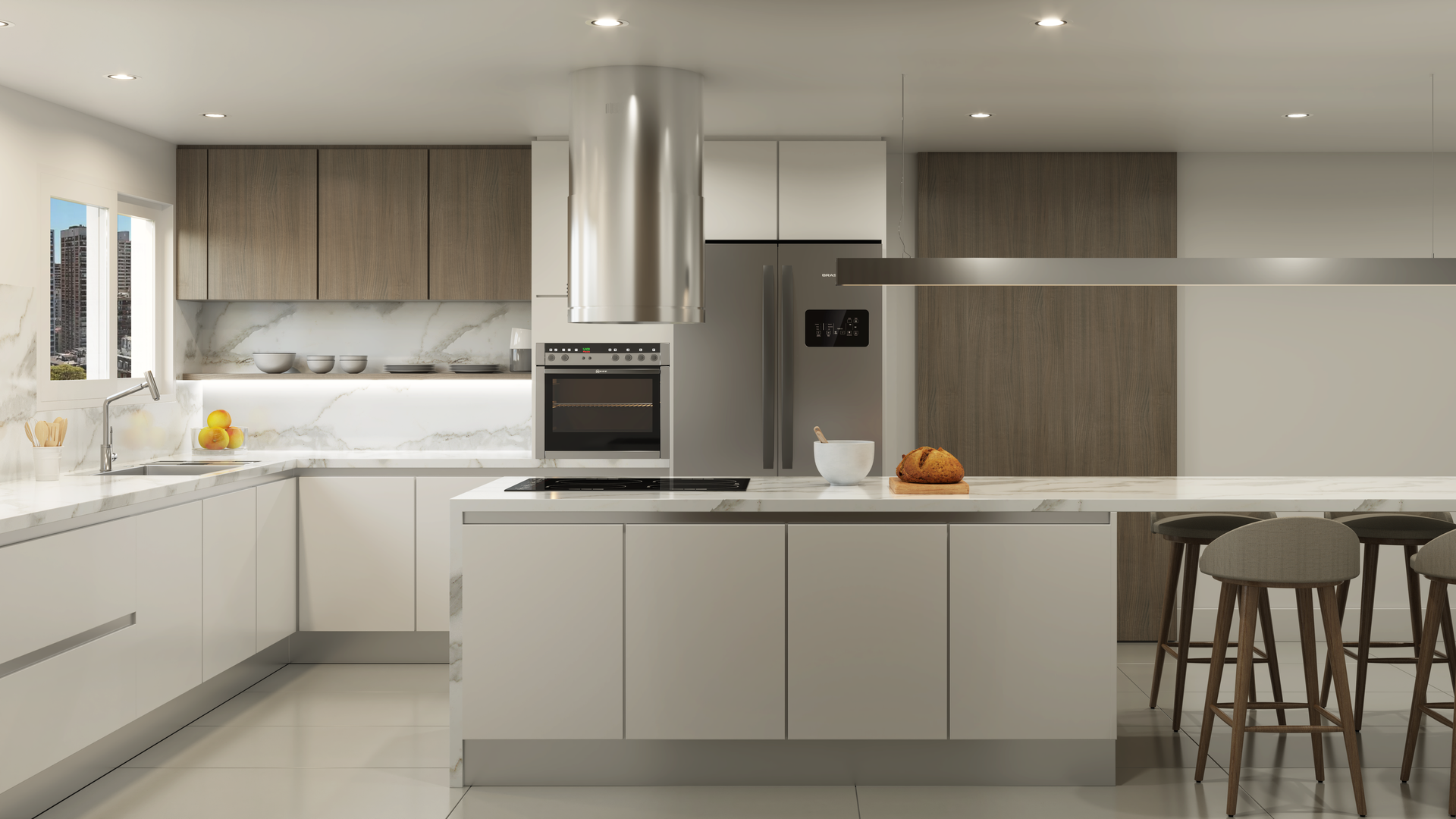 Cocina moderna en color blanco y madera con isla y taburetes, electrodomésticos de acero inoxidable.