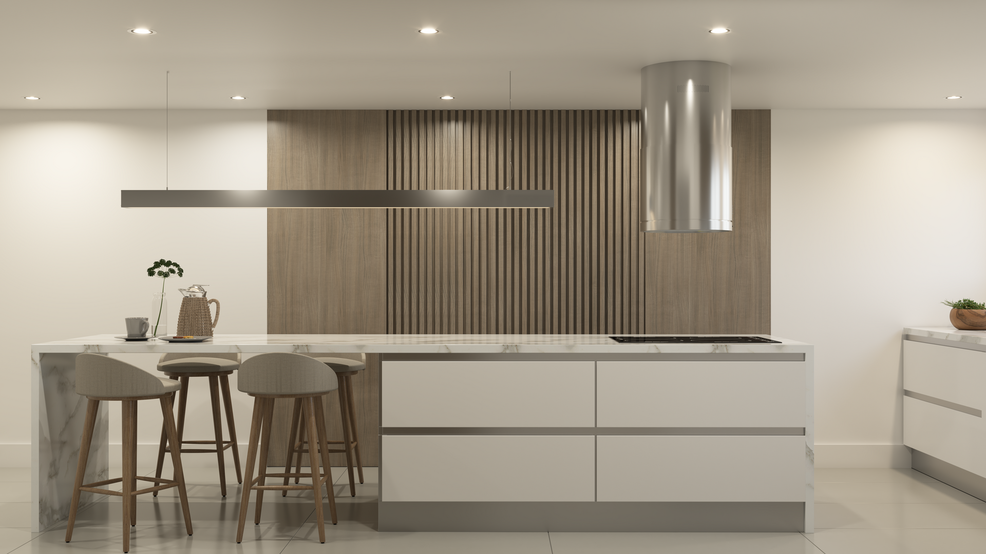 Cocina moderna con isla, paneles de madera y campana extractora.