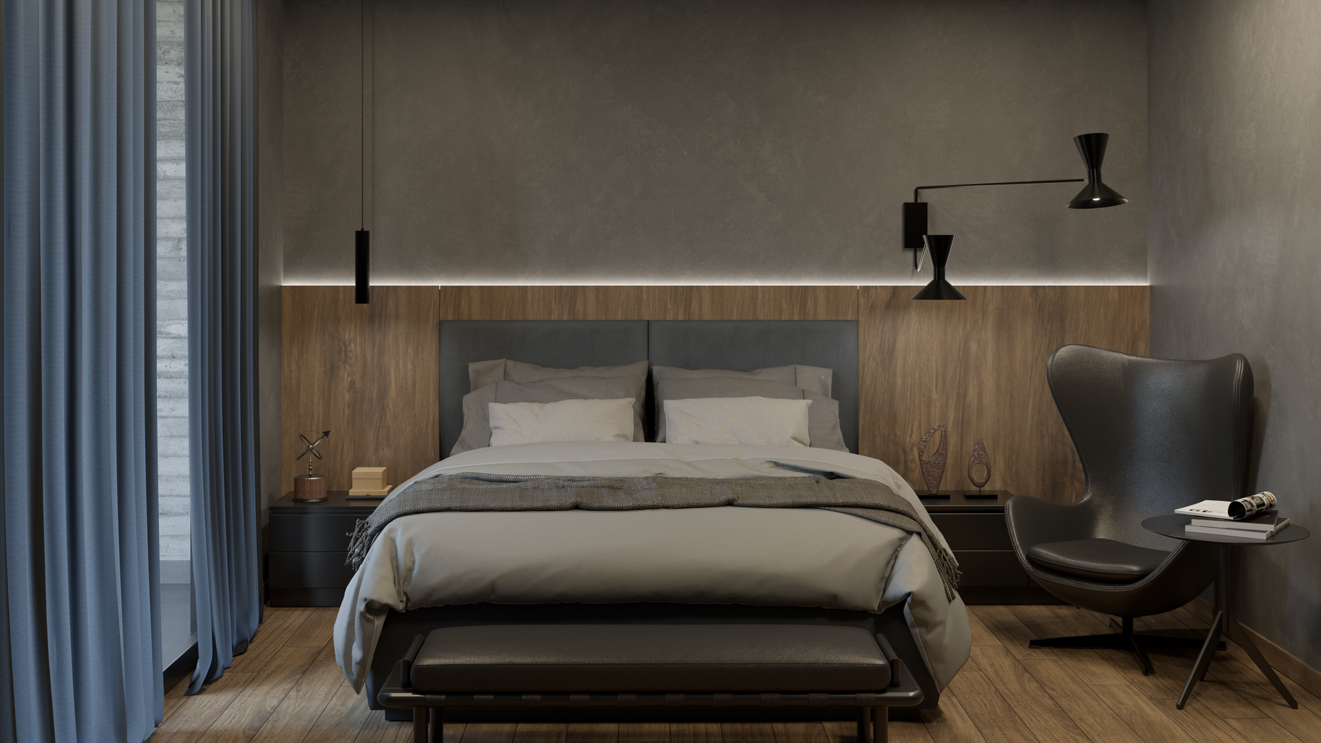 Dormitorio moderno con tonos grises y madera; cama, silla y mesitas de noche.