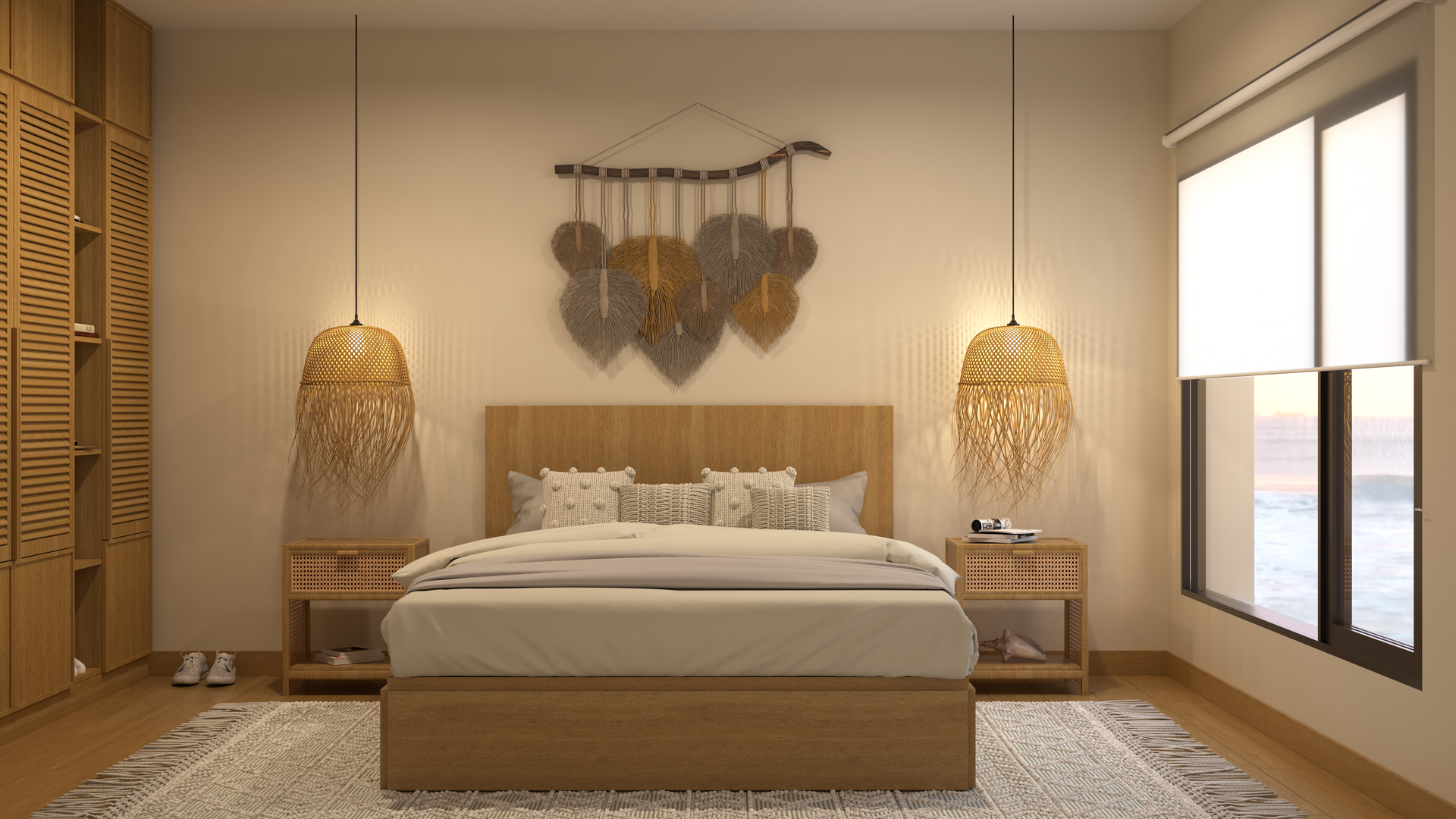 Dormitorio boho: cama de madera, lámparas colgantes, decoración de pared de macramé, mesas auxiliares y una ventana.