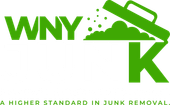WNY Junk Removal & Cleanout Services Green WNY Junk logo featuring a dumpster lid and junk pile forming a K. Tagline: A HIGHER STANDARD IN JUNK REMOVAL.