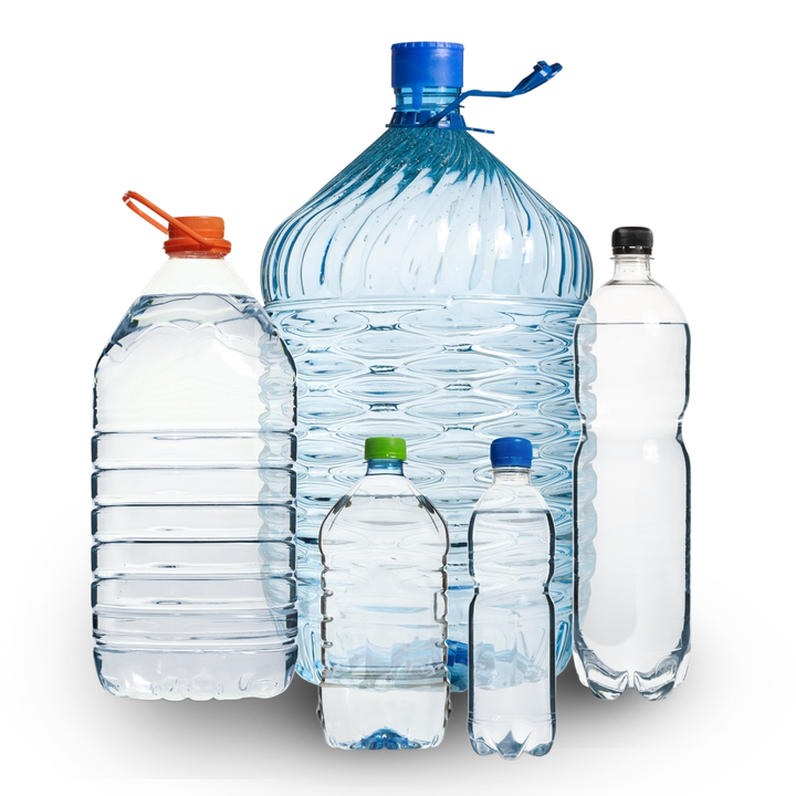 Several clear plastic water bottles of varying sizes.