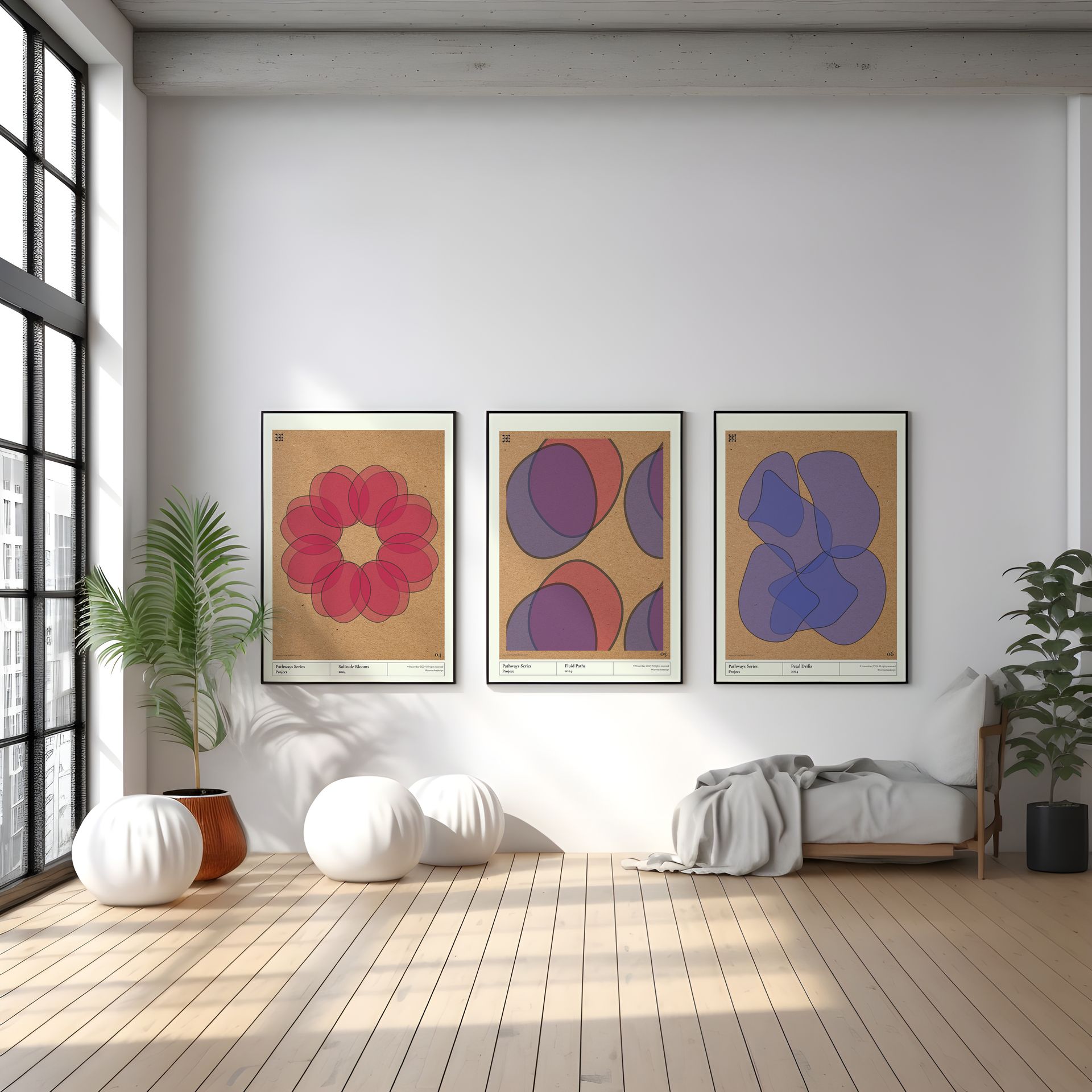 Three framed floral art prints hang above a bed in a sunlit, minimalist room.