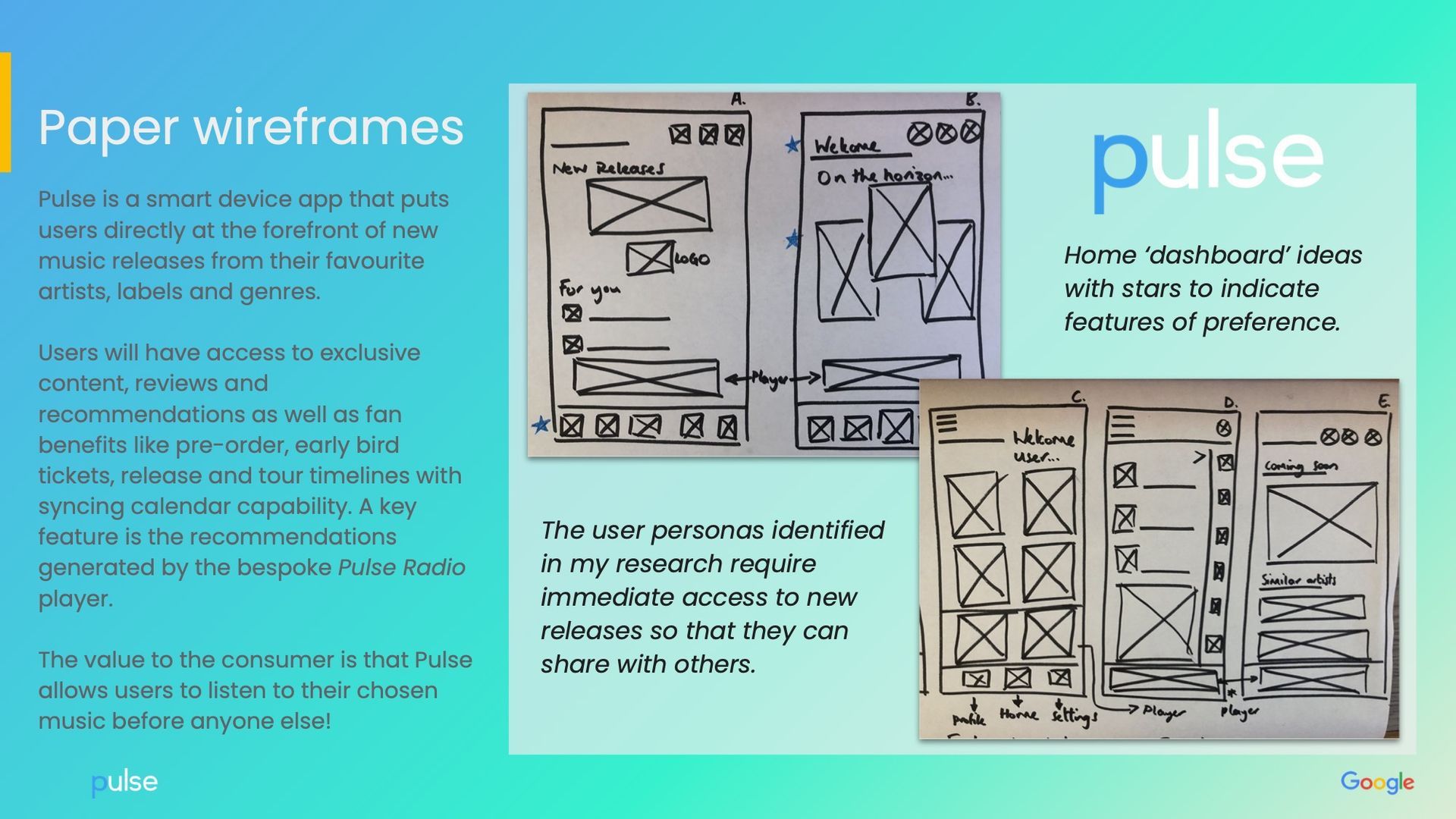 Paper wireframes for a mobile app, sketched with annotations. Includes 