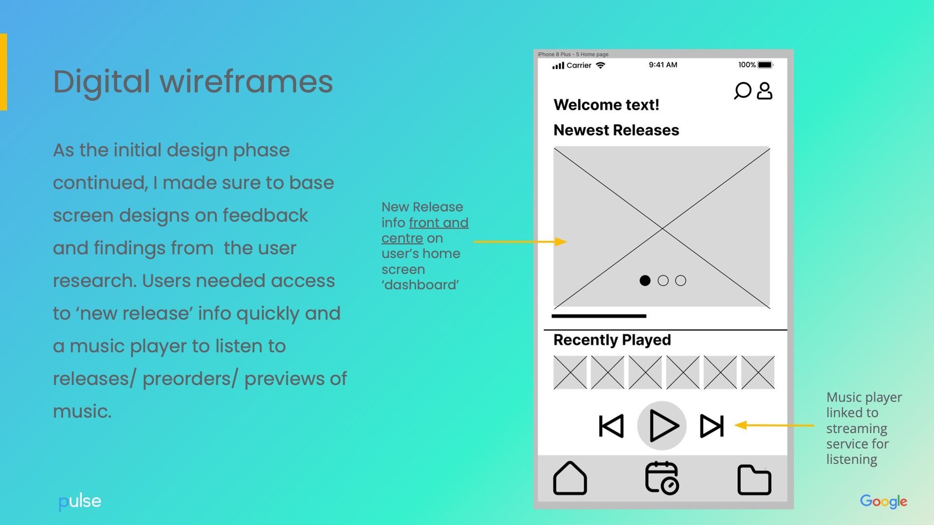 Digital wireframe of a music player app with sections for welcome, song display, and recently played songs.