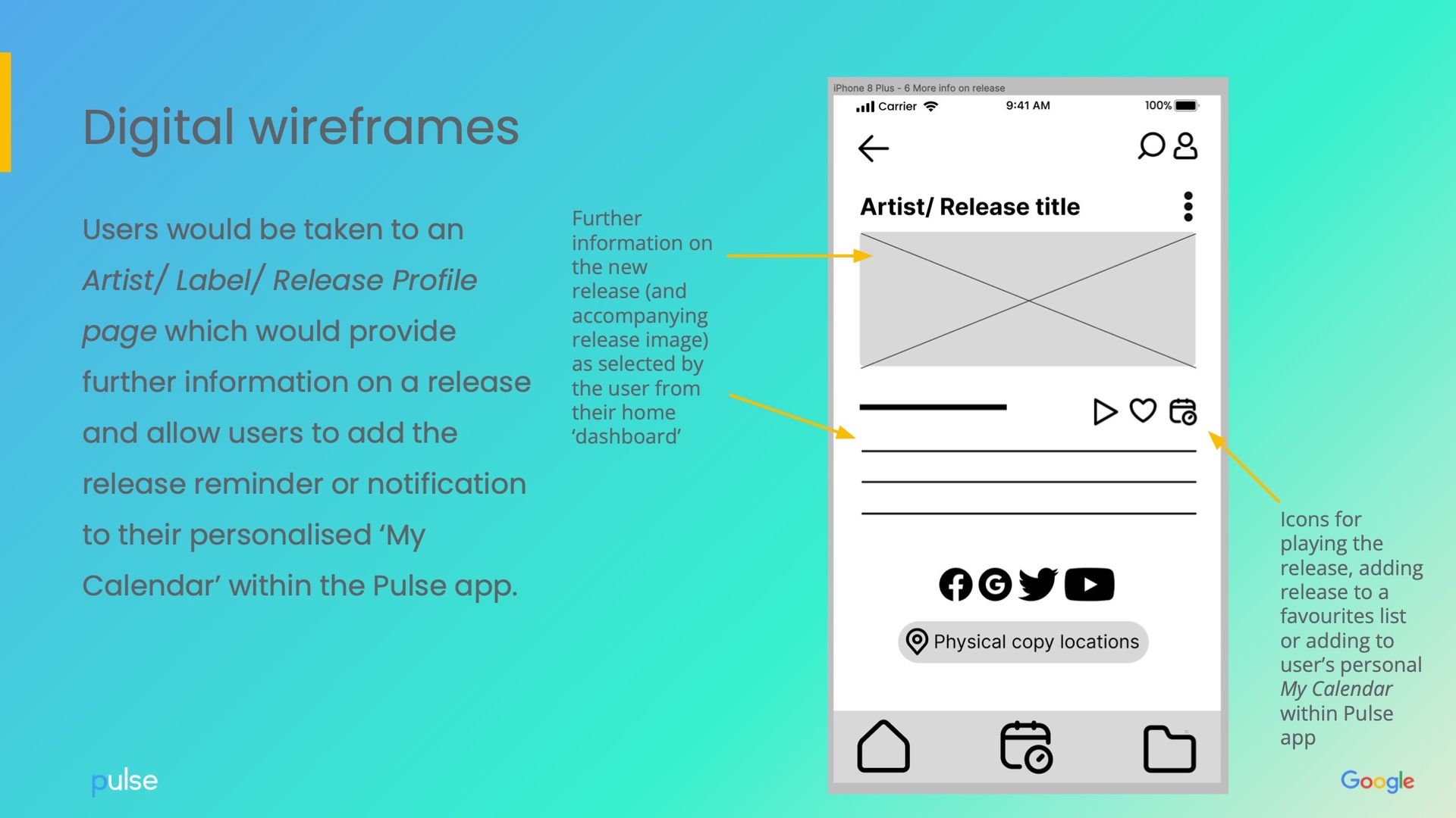 Digital wireframe of a mobile app release page with information, social icons, and reminder features.