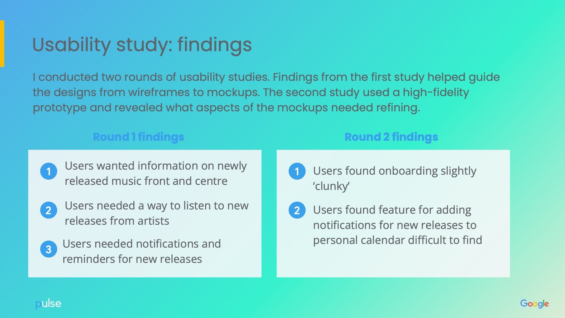 Usability study findings: Findings from two rounds. First round: user needs. Second round: usability issues with prototype.