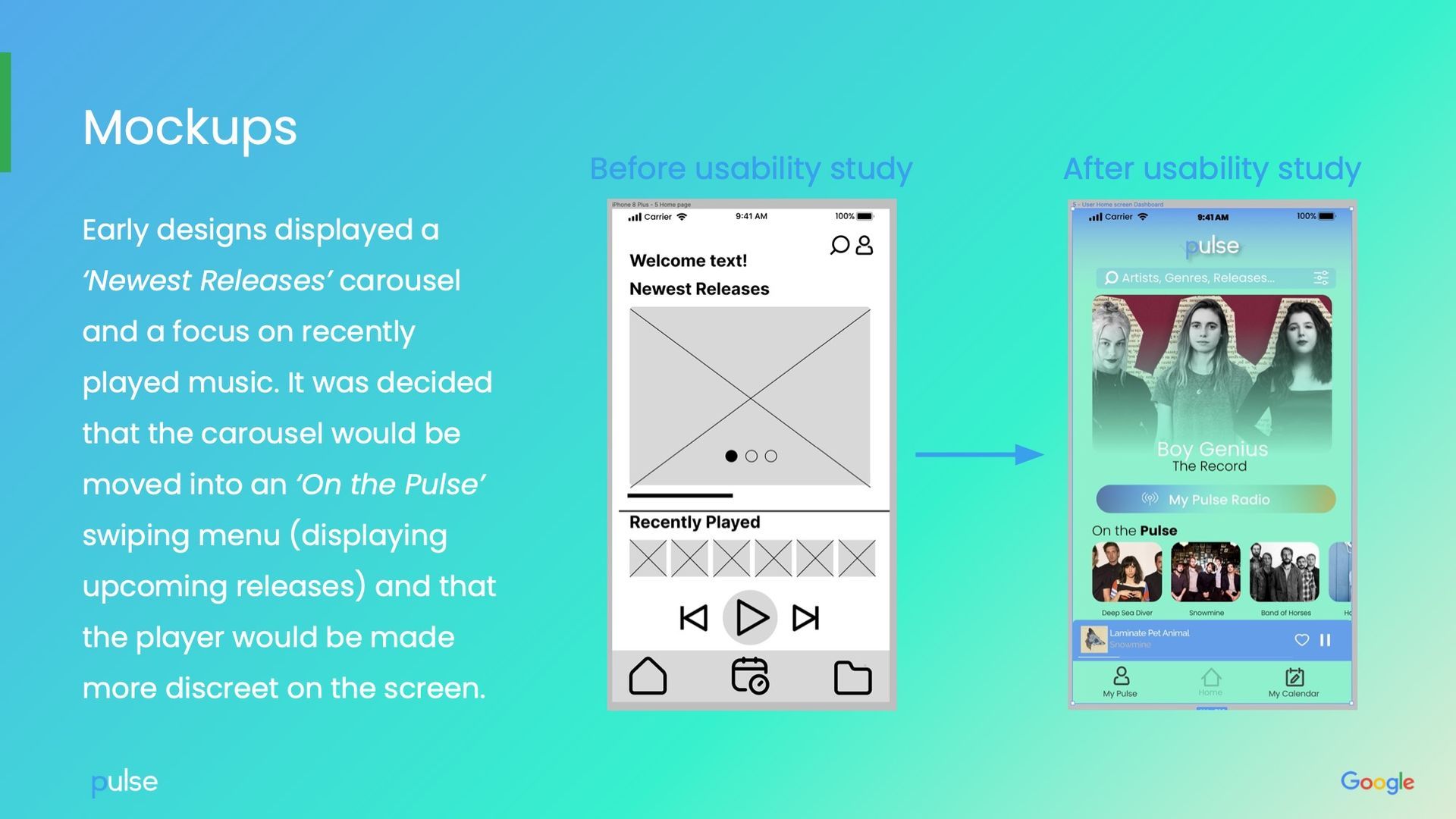 Mockups comparing designs before and after usability study. The carousel was moved to a side menu, player made more discreet.