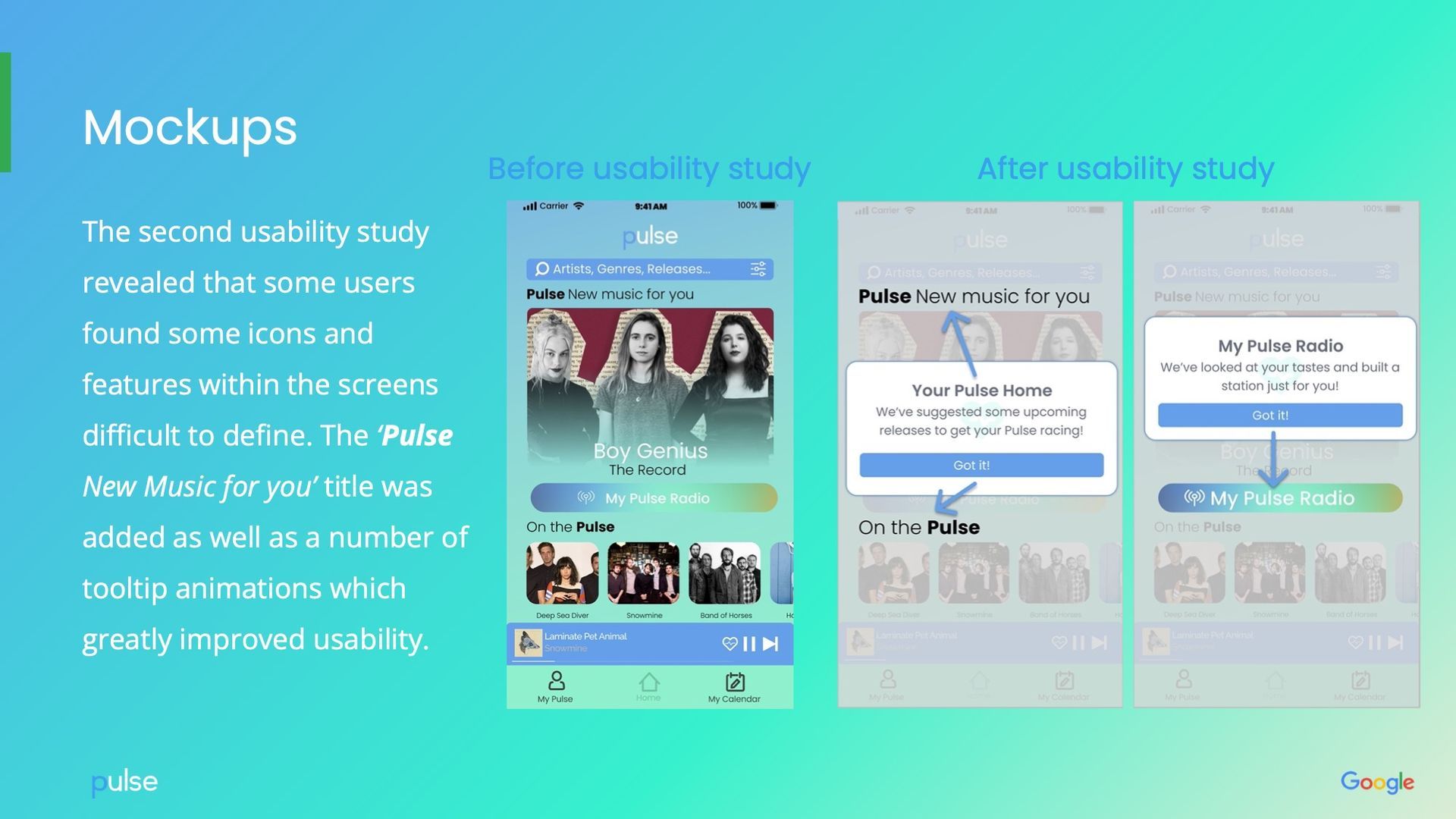 Mockups for a usability study, showing app screens before and after with a blue-toned color scheme.