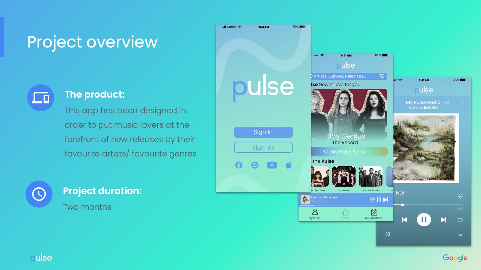 Project overview slide with app mockups and the product description: music app 