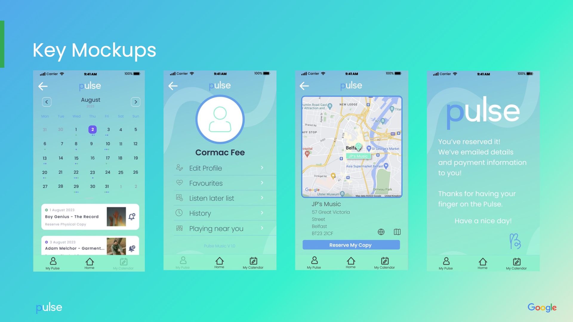 Four mobile app mockups with a turquoise gradient background; features calendar, contact, map, and welcome screens.