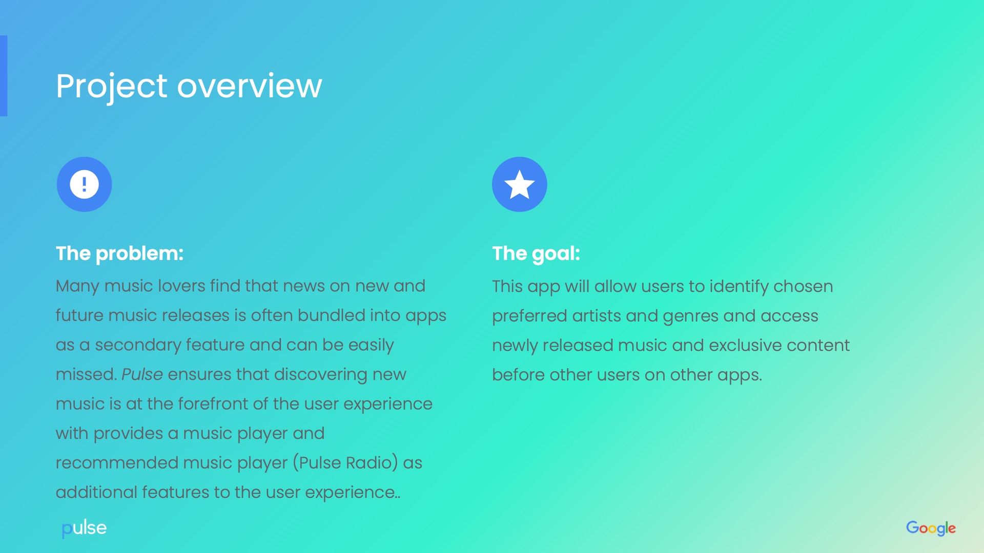 Project overview slide with text and icons on a blue/green gradient background.