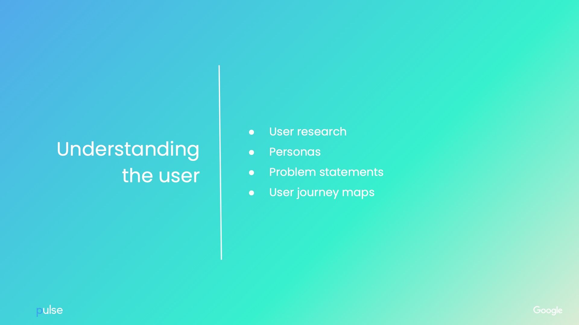 User research, Personas, Problem statement, and User come/maps; title: Understanding the user.