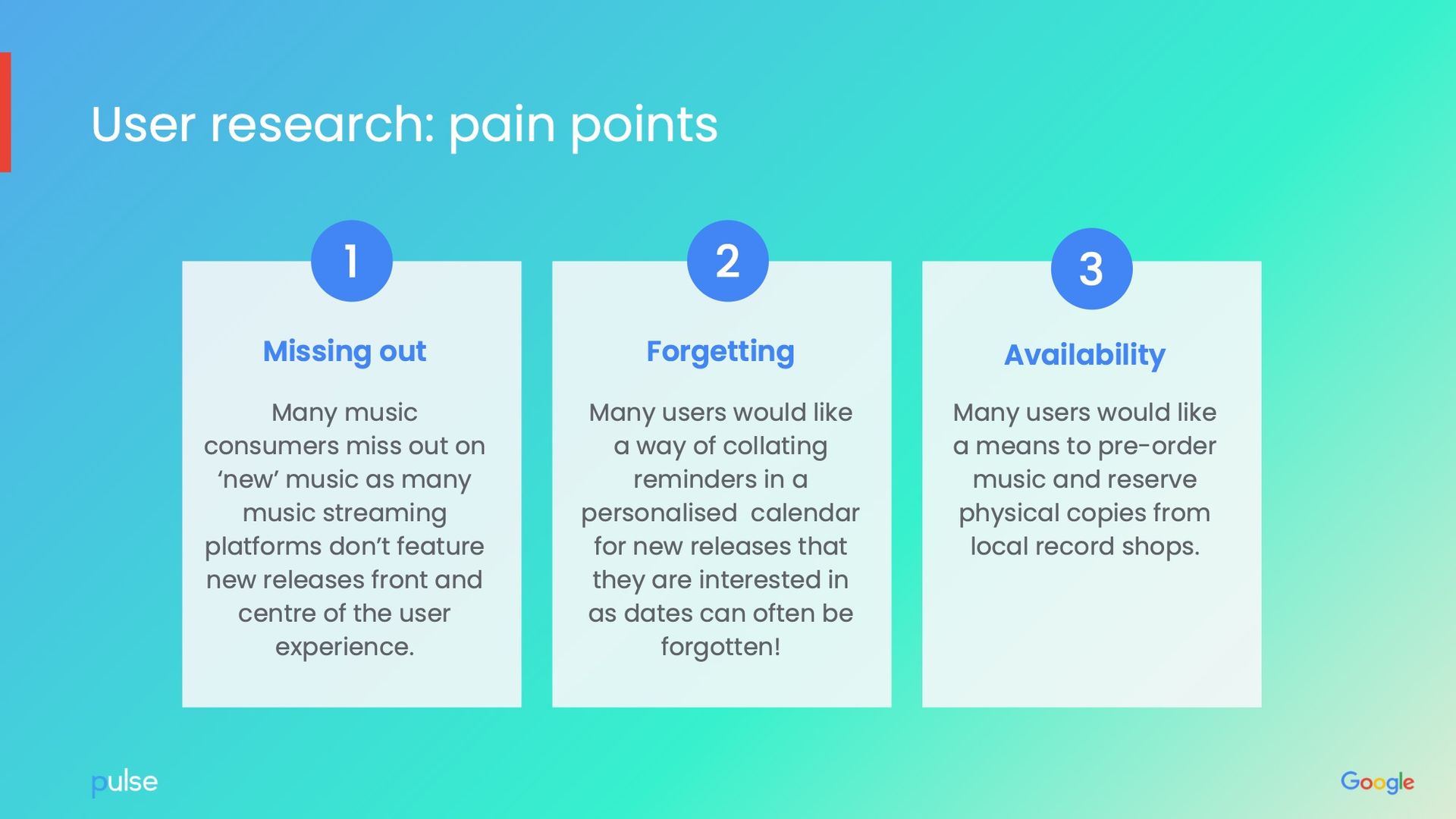 User research slide: pain points. Three numbered boxes: missing out, forgetting, and availability of music.
