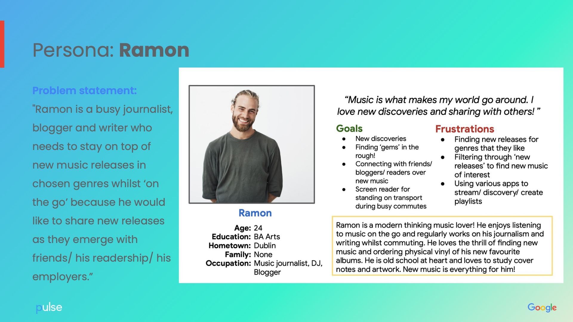 Persona profile: Ramon, a journalist. He is a smiling Caucasian male with details on goals and frustrations.