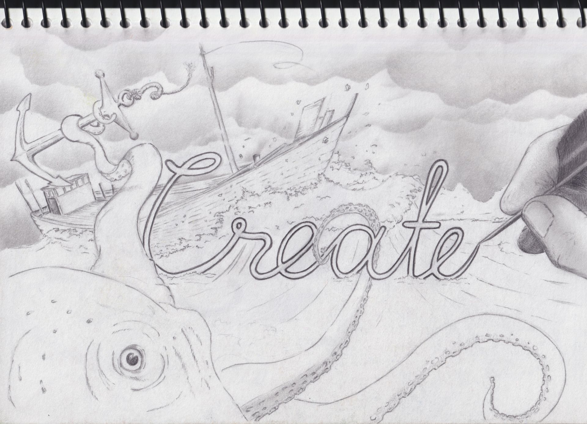 Sketch of an ocean scene with a ship, anchor, octopus, and the word