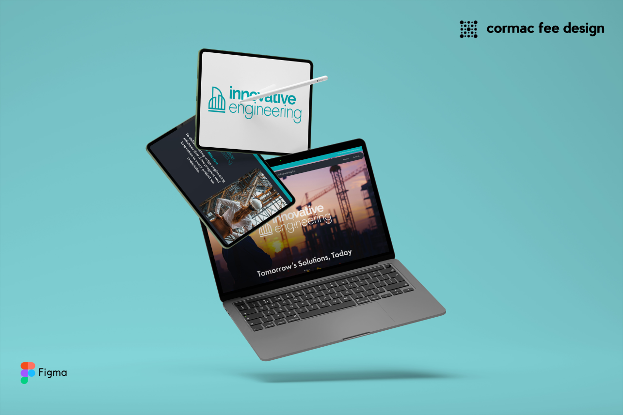 A laptop, tablet, and pad floating on a teal background, with the Innovative Engineering logo on the pad.