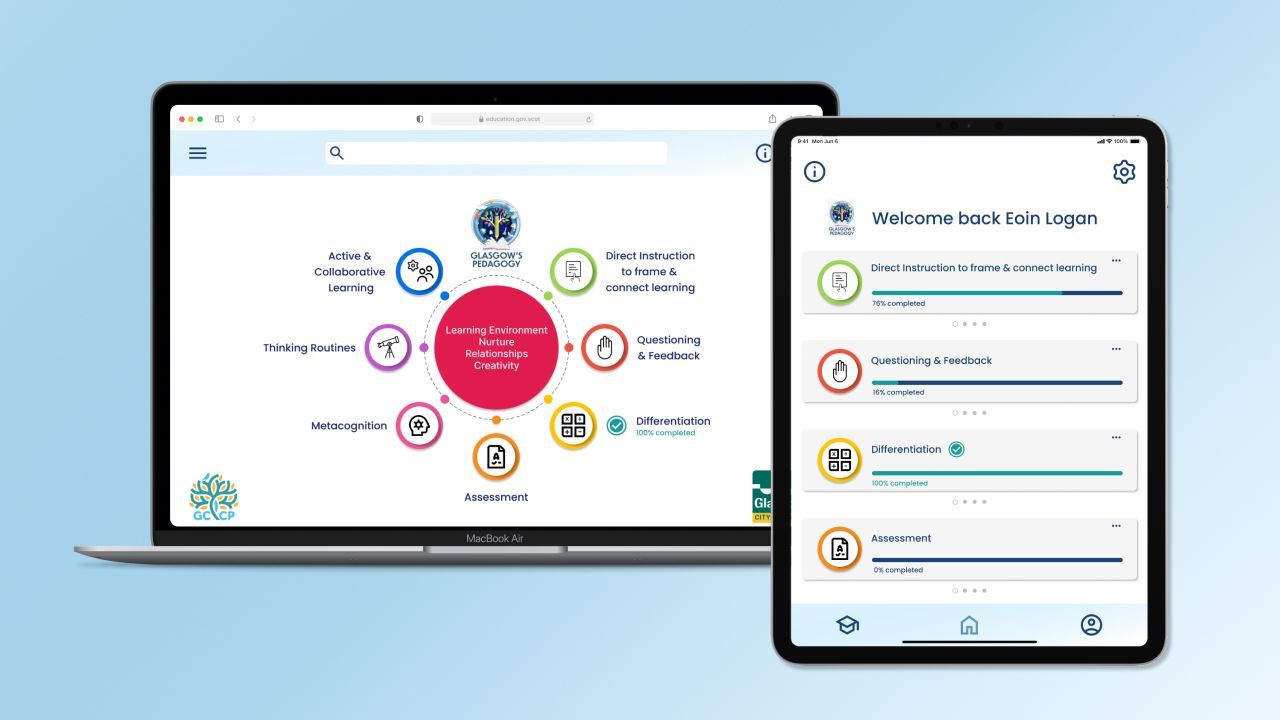 Laptop and tablet displaying educational content: a circular infographic and progress tracking interface.