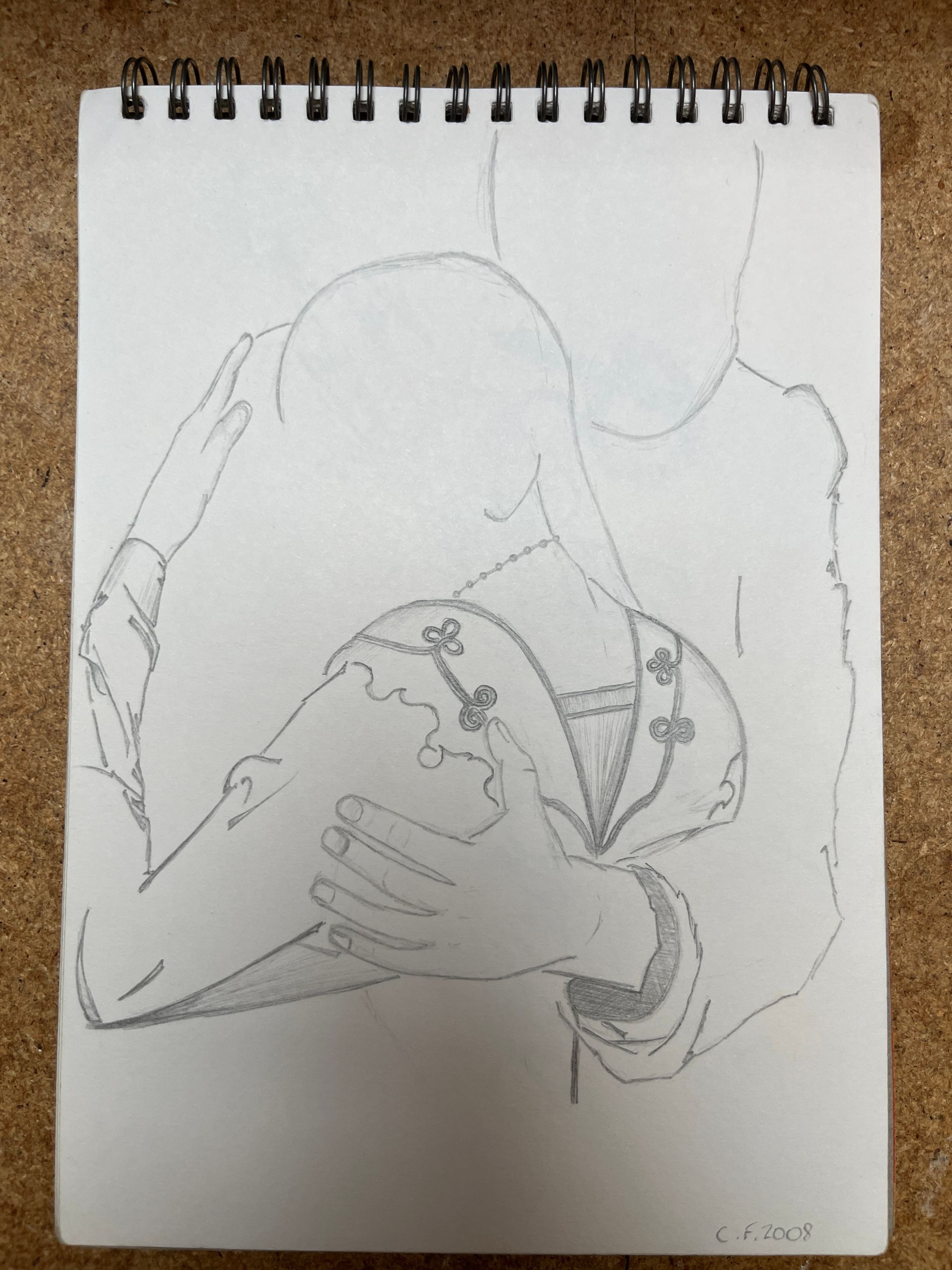 Pencil sketch of two people embracing. One person's head is on the other's shoulder, their arms around each other.