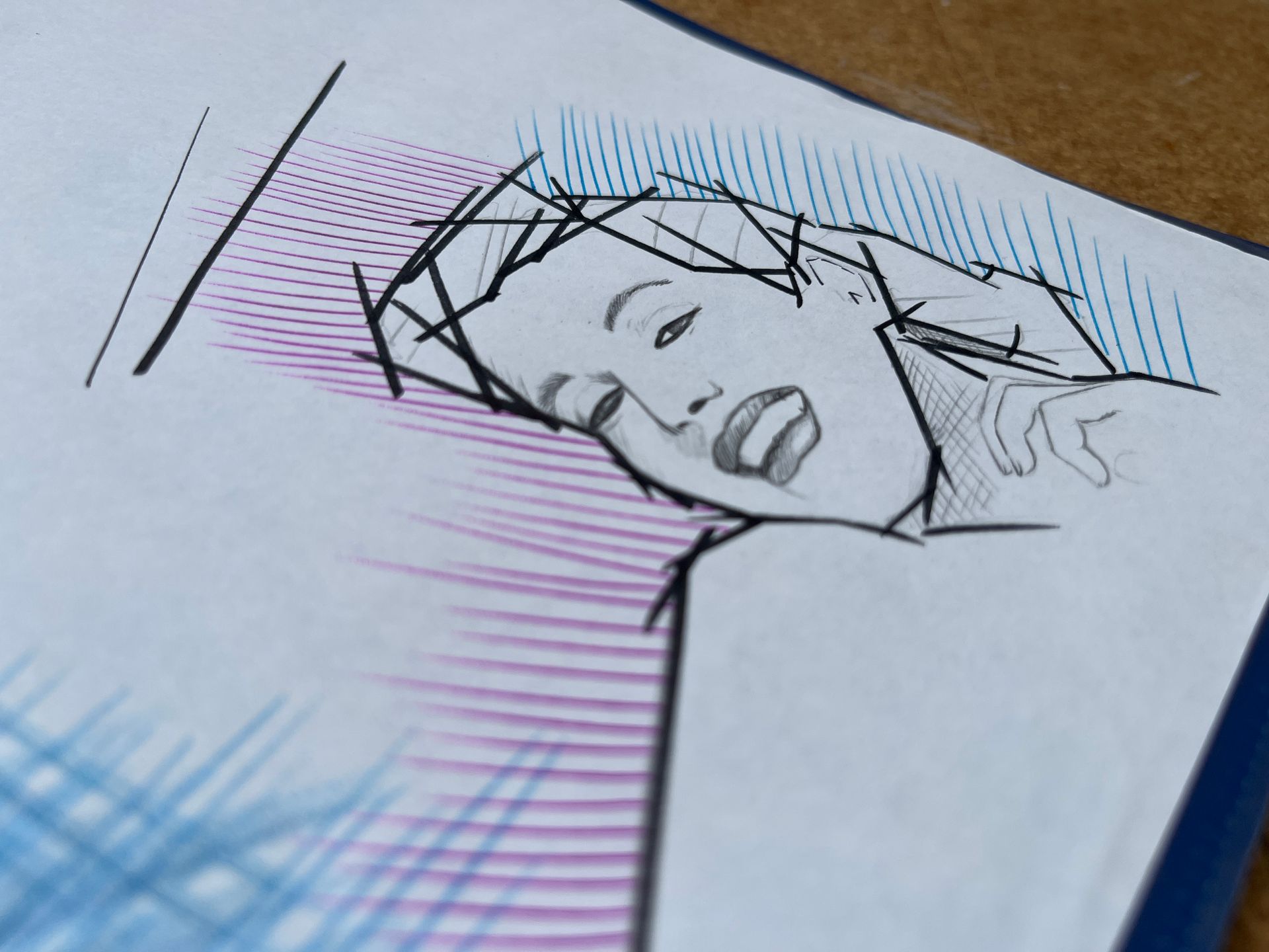 Sketch of a woman's face with closed eyes and open mouth, on paper with blue and purple lines.