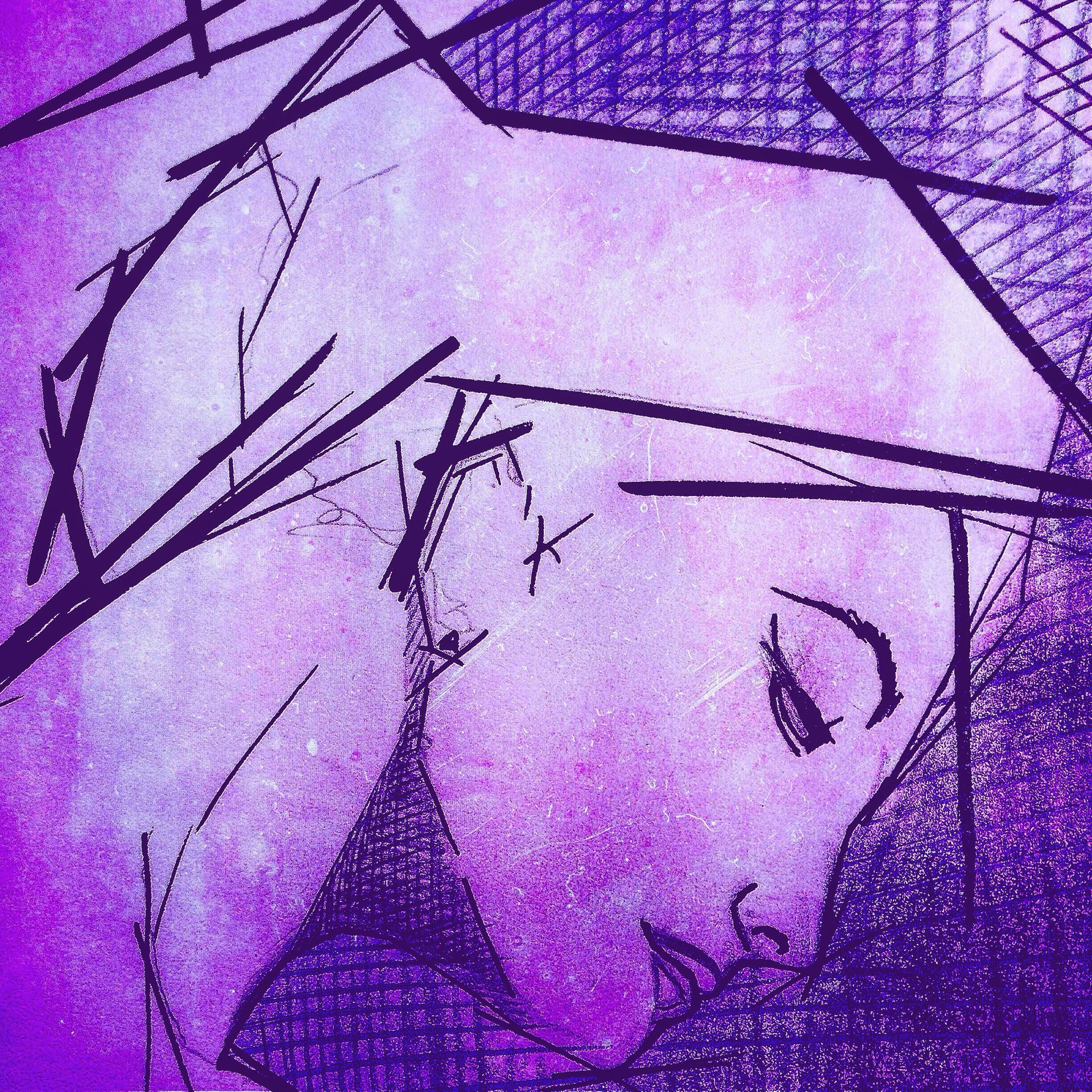 Profile of a person with closed eyes, tilted head, in purple tones with dark lines overlaying.