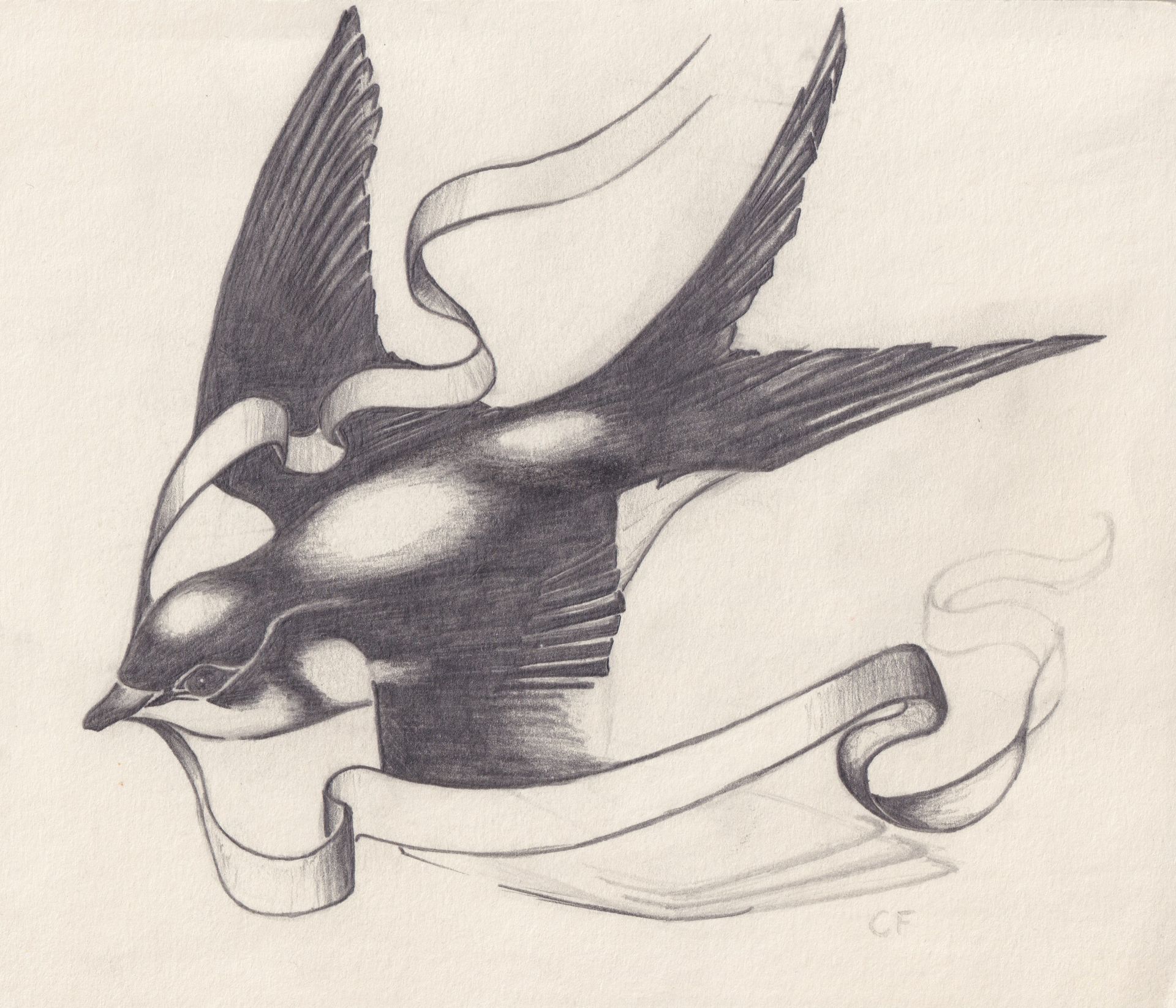 Swallow bird with spread wings and ribbon, sketched in pencil.