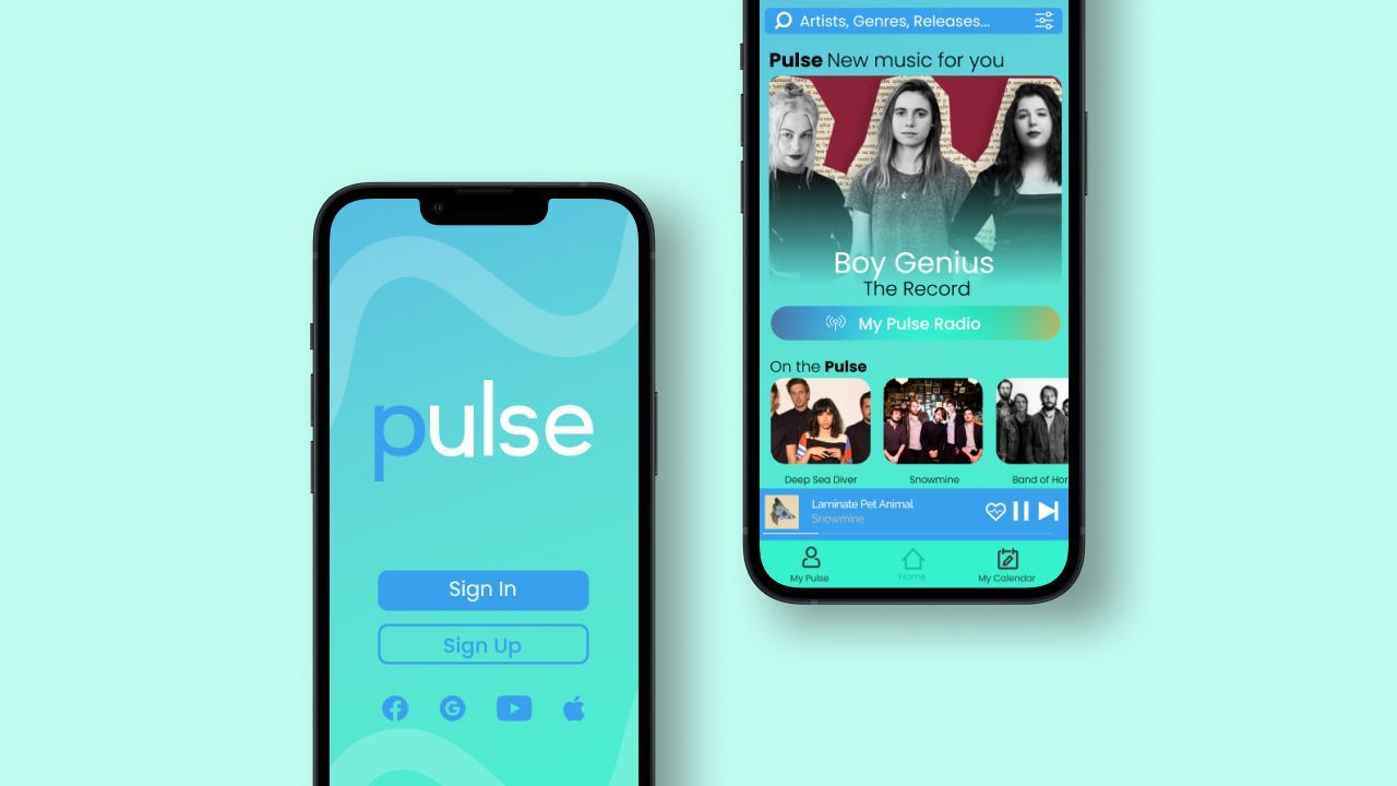 Two phones displaying a teal music app: a login screen and a song-playing screen with album art.